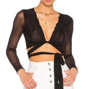 Revolve lovers and friends black mesh long sleeve ruffle top camila top